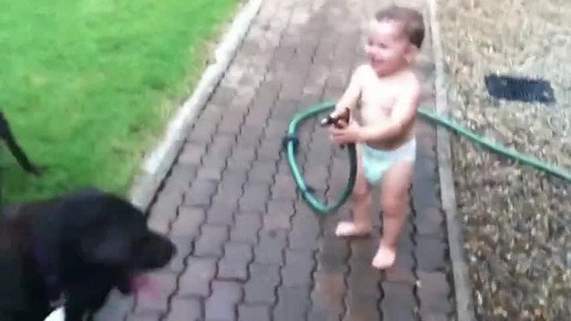 Радостта на дете което мокри кучета.